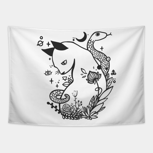 Cat And Snake With Flowers Tapestry by cellsdividing