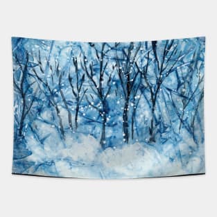 Abstract Winter Forest with Falling Snow Tapestry