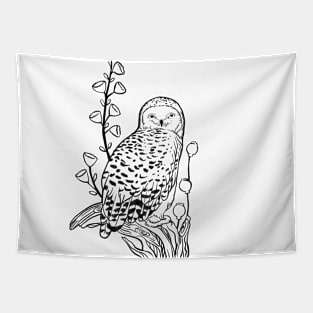 Snow Owl Black and white line art Tapestry