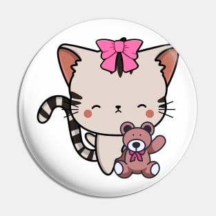 Cute tabby cat holds a teddy bear Pin