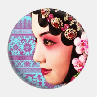 Chinese Opera Star Blue with Blush Pink Traditional Floral Pattern- Hong Kong Retro Pin