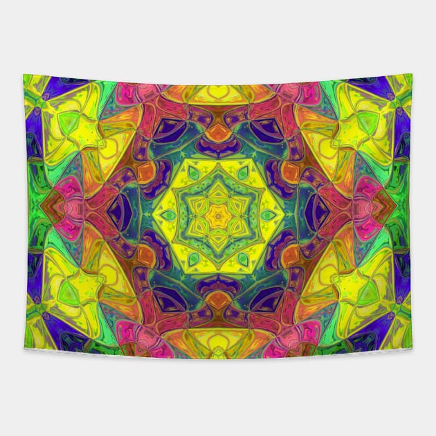 Mosaic Mandala Flower Yellow Pink and Green Tapestry by WormholeOrbital