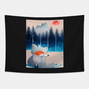 vintage a fox in the wild fox in the wilderness, mountain landscape Tapestry