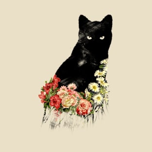 Black Cat Vintage Flower Good Luck by Tobe Fonseca T-Shirt