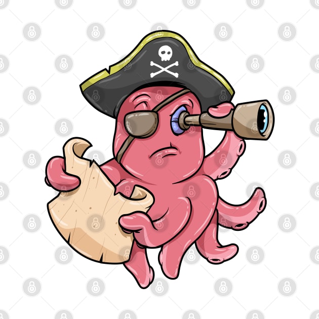 Octopus as Pirate with Treasure map and Binoculars by Markus Schnabel