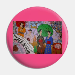 Japanese Geisha Women, A Piano, Cello and Colourful Cats Pin