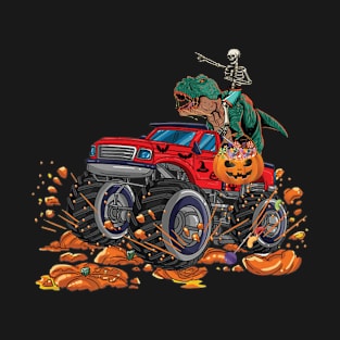 Skeleton Riding  Mummy Dinosaur T-Rex Monster Truck Halloween Kids Boys T-Shirt