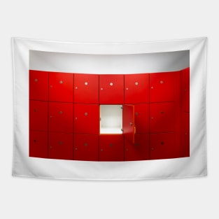 Red lockers inside of a room with one central opened door Tapestry