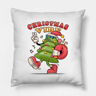 Christmas vibe. Christmas tree cartoon mascot carries a bag of gifts Pillow