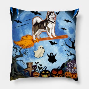 My Husky Rides Shotgun Witch Halloween Pillow