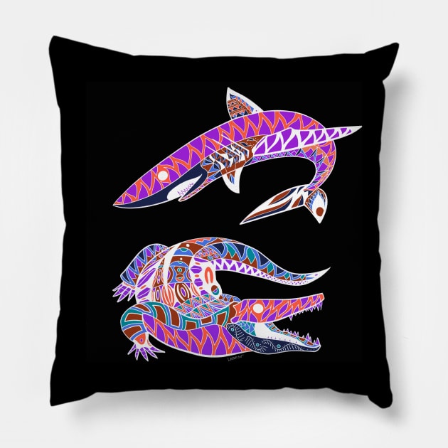 the kingdom of the beast, the shark and the alligator crocodile art Pillow by jorge_lebeau