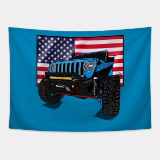 Jeep with American Flag - Light Blue Essential Tapestry