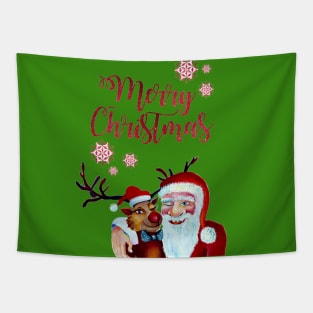 Smiling Santa with Funny Rudolph Watercolor Tapestry