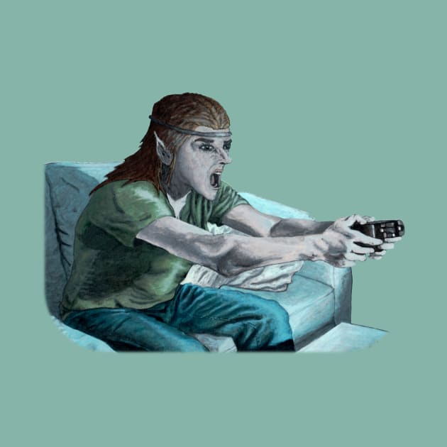 Elf Gamer Playing Video Games by Helms Art Creations