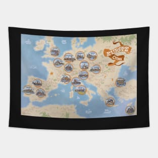 European cities old style hand drawn line art vector illustrations displayed on a map Tapestry