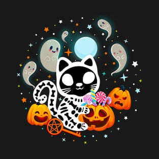 Skeleton Cat Halloween Spooky Cat T-Shirt