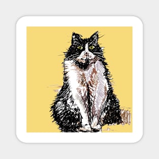 Tuxedo Cat Cute Drawing - on Yellow Magnet