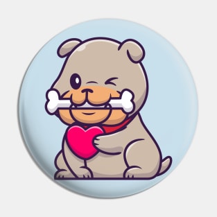 Cute Bulldog Bite Bone And Holding Heart Cartoon Pin