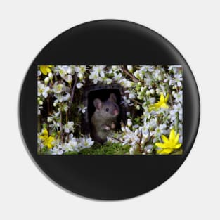 George the mouse in a log pile house - SPRING flowers Pin