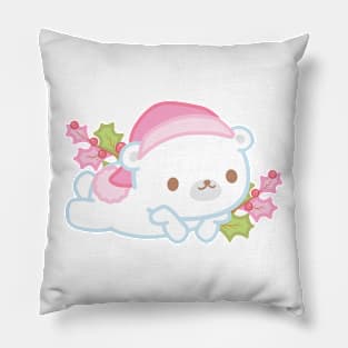 Cute Little White Polar Bear Wearing a Santa Hat Thinking About Christmas Pillow