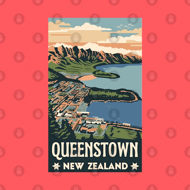 A Vintage Travel Art of Queenstown - New Zealand by goodoldvintage