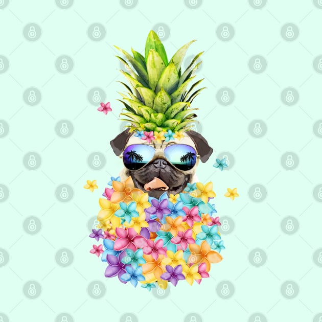 Pug and sunglasses, pineapple flowers, pug lovers, gift for pug lovers by Collagedream