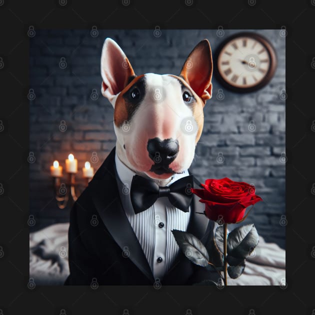 Bull terrier dog in formal tuxedo with rose and candlelight by nicecorgi