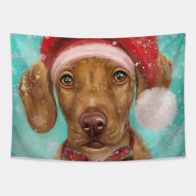 Painting of a Cute Christmas Vizsla Puppy with Red Santa Hat and a Festive Bow Tie Tapestry by ibadishi