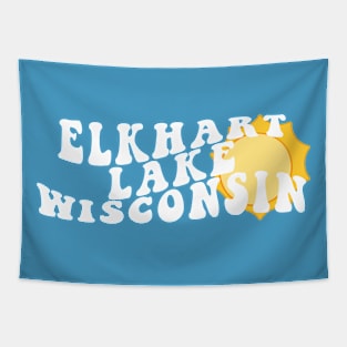 Sunshine in Elkhart Lake Wisconsin Retro Wavy 1970s Summer Text Tapestry