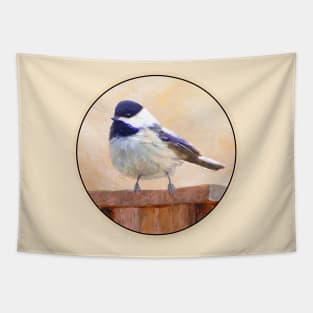 Chickadee on Birdhouse Tapestry