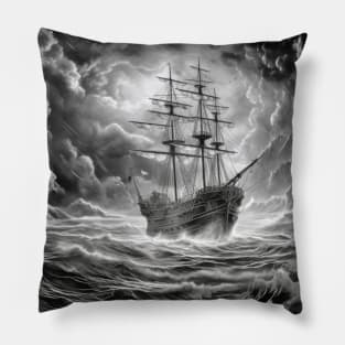 Pirate Ship Sailing Wild Fantasy Ink Sketch Style Pillow