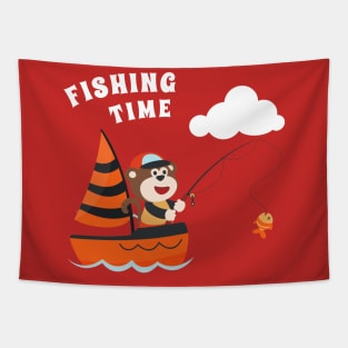 Vector cartoon illustration of cute monkey fishing on sailboat with cartoon style. Tapestry