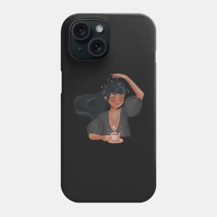 Girl character with coffee or tea and some magic Phone Case