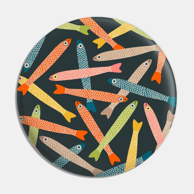 ANCHOVIES Bright Graphic Fun Groovy Fish in Vintage Orange Yellow Pink Blue Green Beige on Charcoal - Tossed Layout - UnBlink Studio by Jackie Tahara Pin by UnBlink Studio by Jackie Tahara