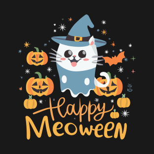 Happy Meoween || Happy Cat in Ghost Halloween Costume T-Shirt