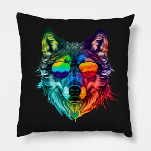 Stylized Wolf Head with Rainbow Colors Pillow