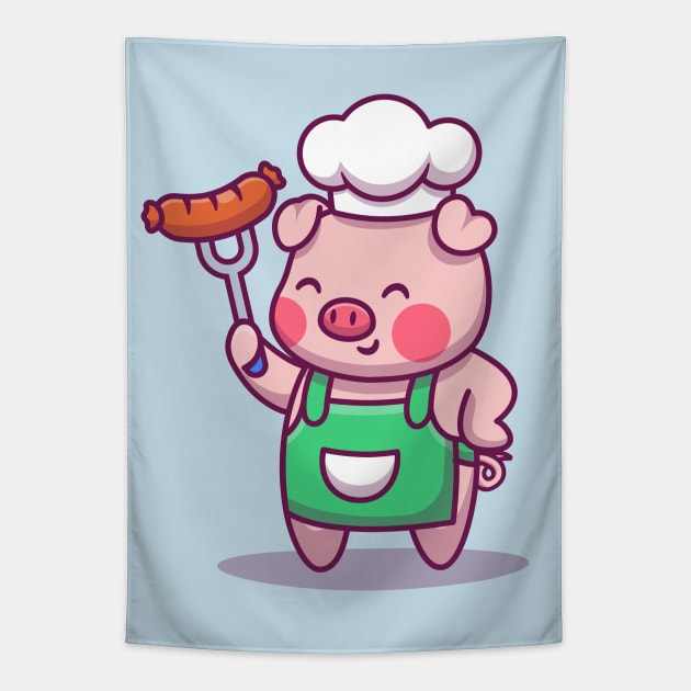 Cute Chef Pig Holding Sausage Tapestry by Catalyst Labs
