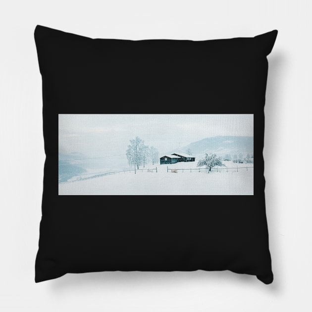 Snowfall in White Winter Landscape in Rural Scandinavia Pillow by visualspectrum