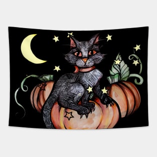 Autumn Black Cat Pumpkin Patch Tapestry