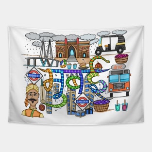 Mumbai City Doodle - Travel Lover Tapestry