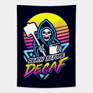 Death Before Decaf (Gym Reaper) Retro Neon Synthwave 80s 90s Tapestry