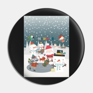 Fun greeting card with Santa and friends having a Christmas party outside Pin