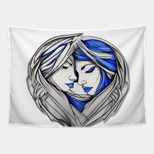 Eternal Unity: Abstract Faces in Heart-Shaped Embrace No. 641 Tapestry