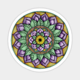 Floral Mandala with Purple Flowers & Green Leaves Magnet