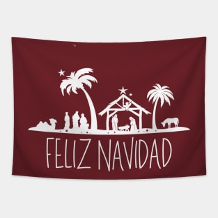 Feliz Navidad White Christmas Nativity Scene Tapestry