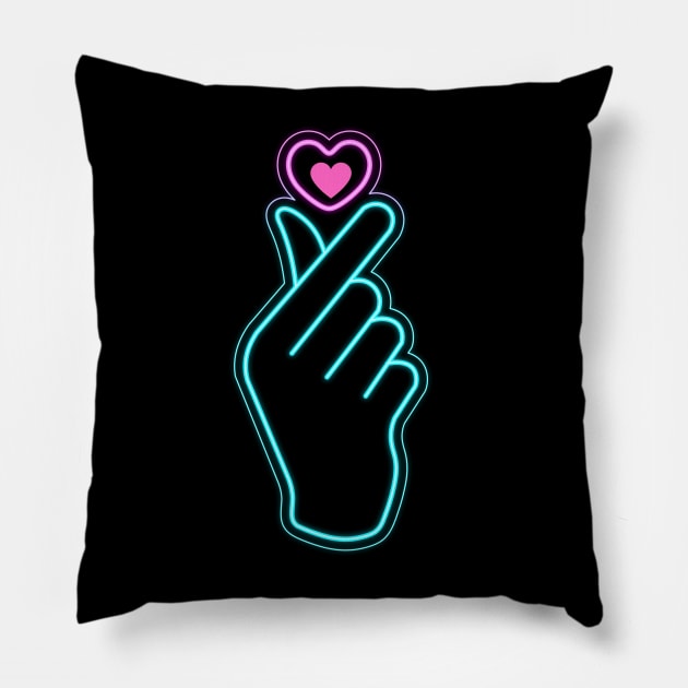 Korean finger heart neon Pillow by Salizza