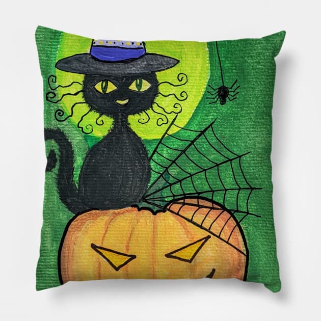 Black cat in purple witch hat on Jack o lantern gouache painting Pillow by Starlight Tales