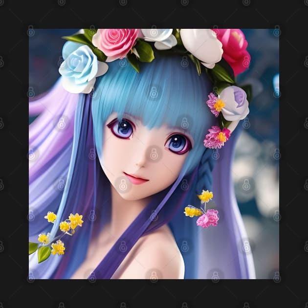 Beaux Animes Art  Manga Anime Girl with blue hair and flowers Design by Beauxanimes