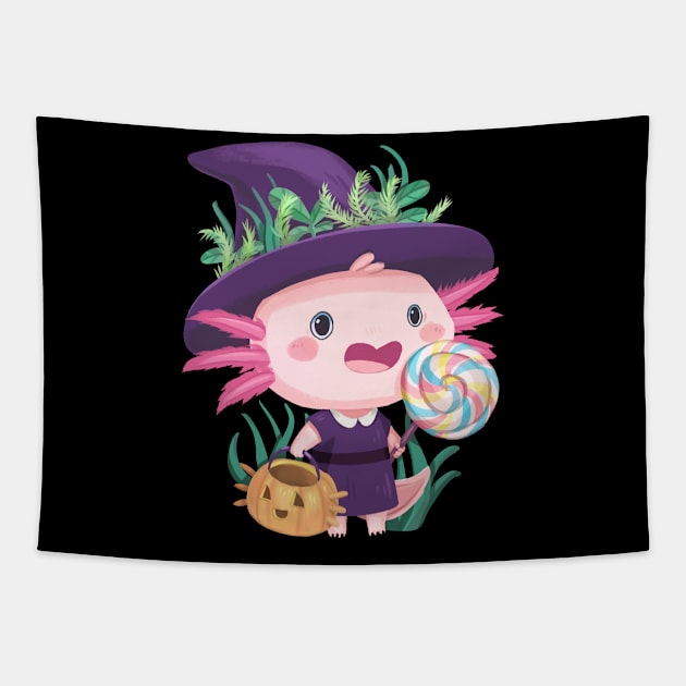 Trick or Treat Witch Axolotl Tapestry by PamelooArt