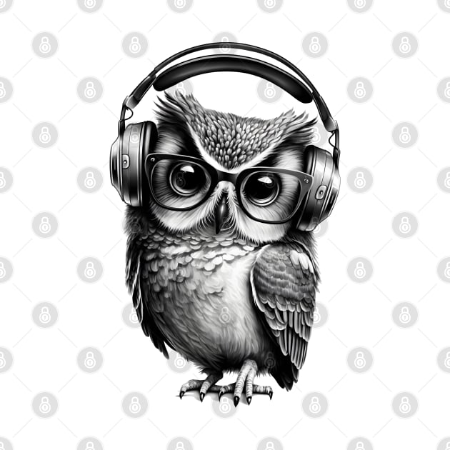 Owl Drawing in Black and White Wearing Headphones by ArtisticCorner